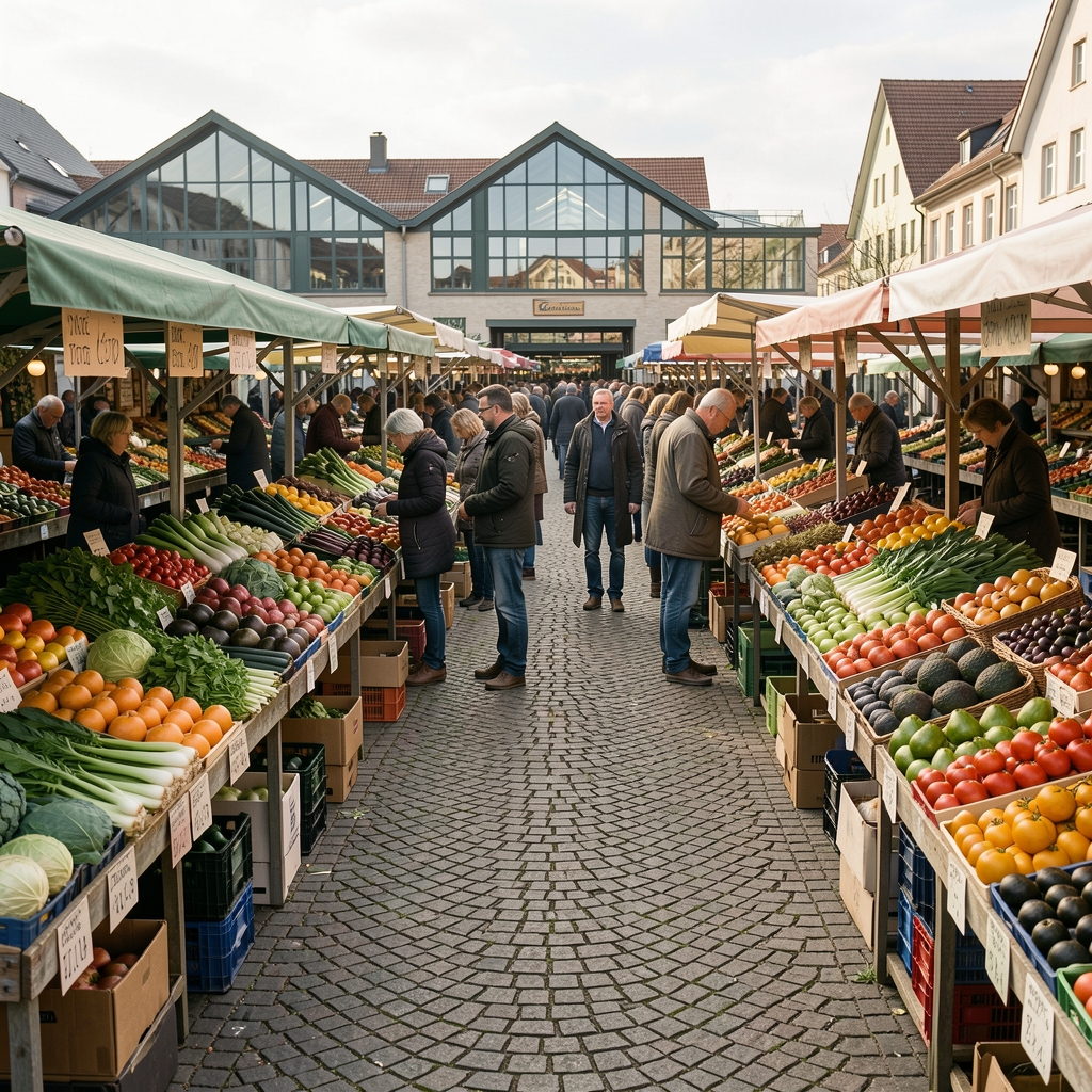 Weitwinkelperspektive auf einen deutschen Wochenmarkt mit Gemüse- und Obstständen, Markthallen im Hintergrund, dokumentarischer Stil, natürliches Tageslicht
