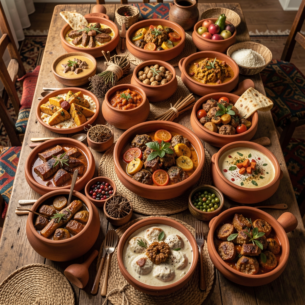 Draufsicht auf einen reich gedeckten Tisch mit traditionellen Speisen verschiedener Kulturen, Terrakotta-Schüsseln, natürliche Materialien, ethnografischer Stil