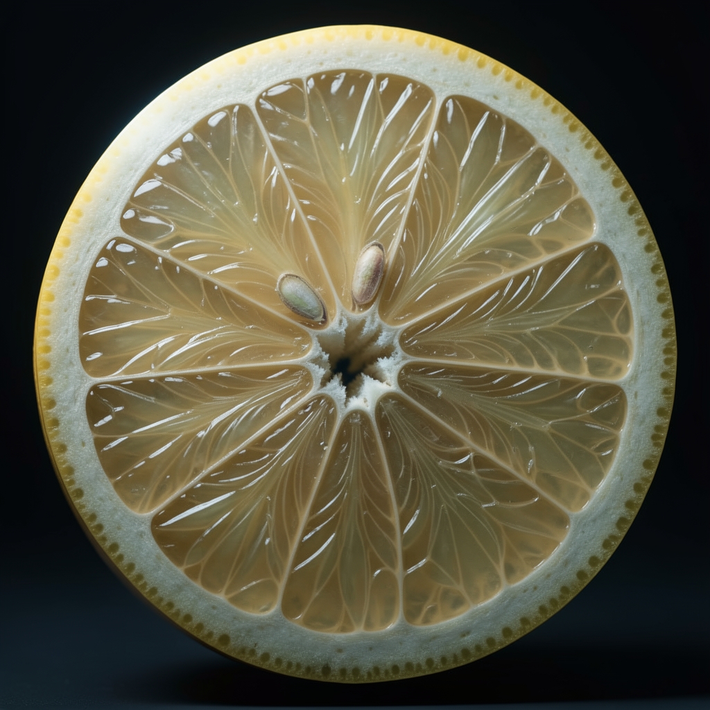 Querschnitt einer Zitrusfrucht in extremer Nahaufnahme: leuchtende Segmente, tiefe Kontraste, geometrische Textur, kühles Seitenlicht wie in einem wissenschaftlichen Archiv