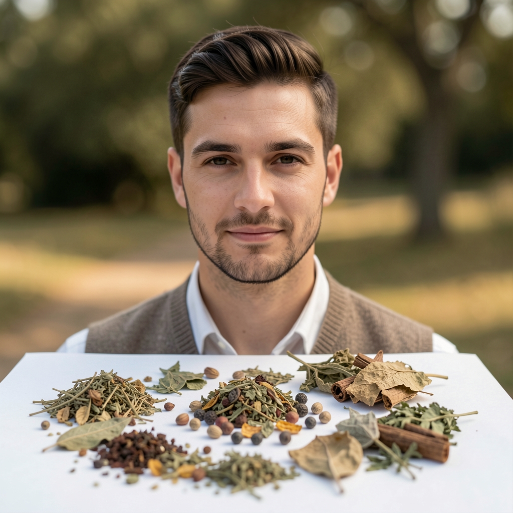 Abstrakte Makroaufnahme von getrockneten Kräutern und Samen auf hellem Papier, geometrisch angeordnet, natürliche Texturen, sachliche Ästhetik